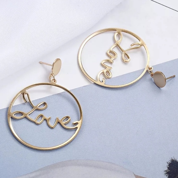 Gold Love Worded Round Hoop Dangle Earrings Cute Statement Jewelry Accessories - Picture 5 of 5